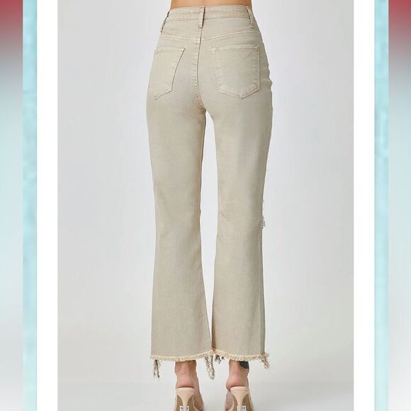 RISEN LOS Angeles Sand High Rise Distressed Straight Leg Jean Raw Hem 7/28 NEW - Picture 4 of 16